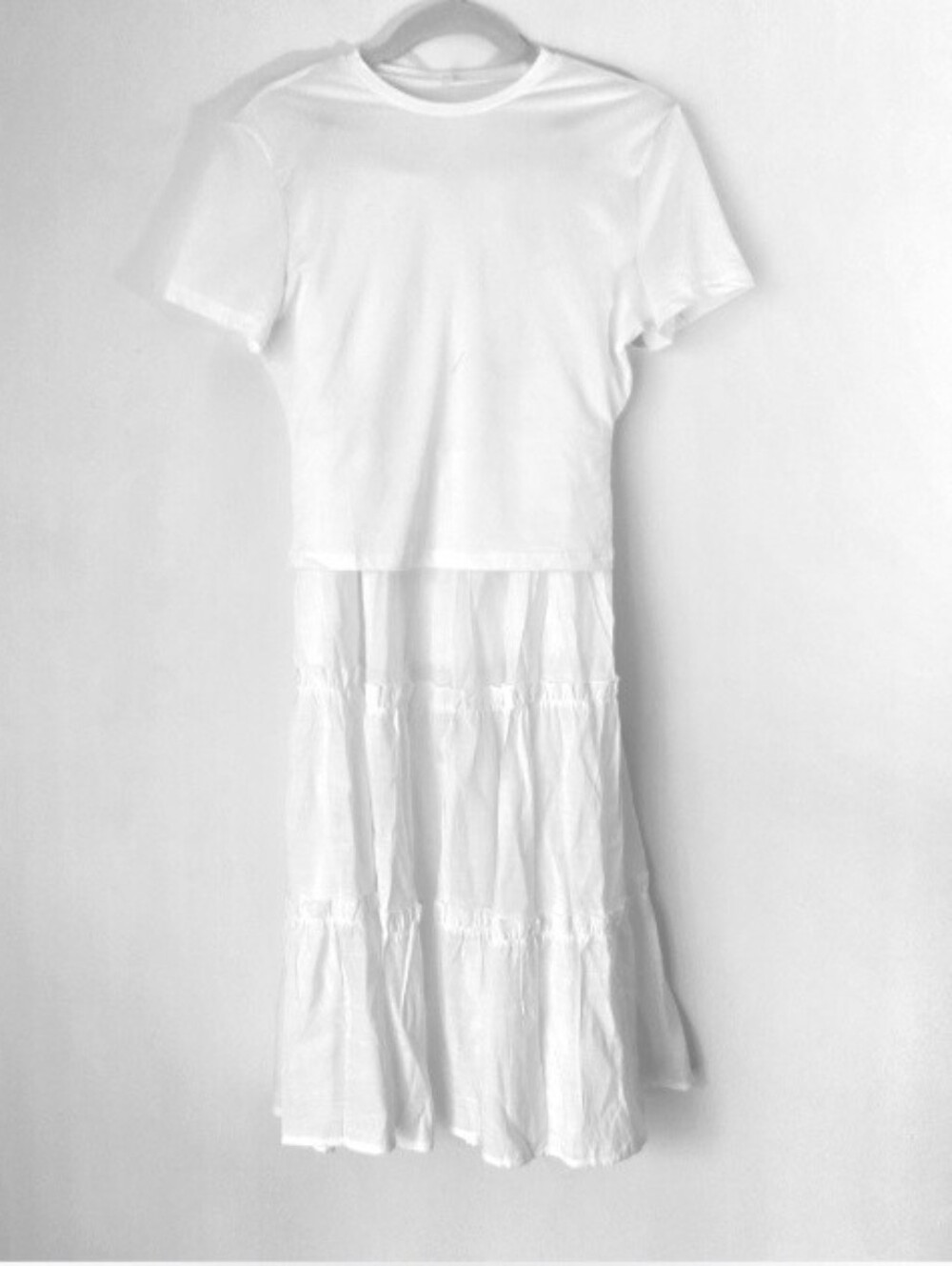 All White Tiered Peasant Midi Skirt & White Tee 2-piece Set Size XS